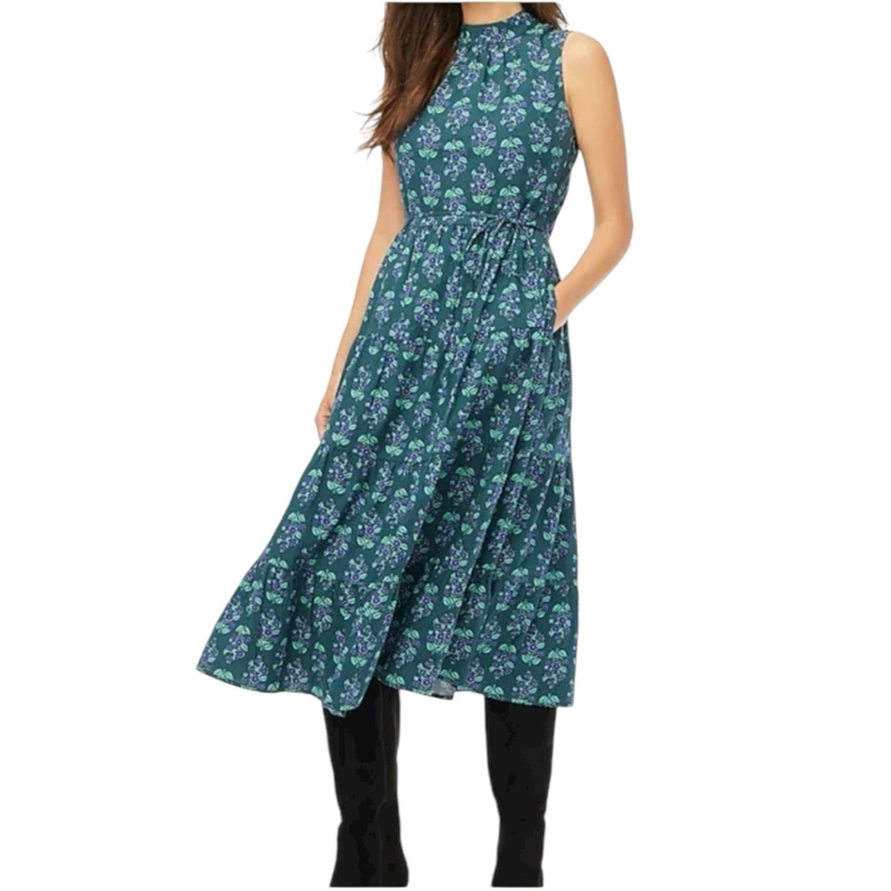 J. Crew Factory Printed Mockneck Tiered Midi Dress Green Blue Floral Size 16